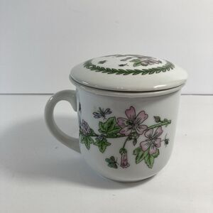 Mug White Floral Porcelain Coffee Tea Cup With Strainer And Lid Pink Florals